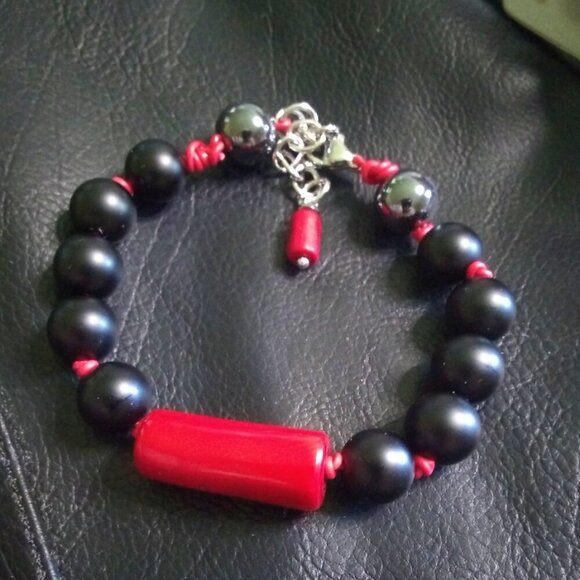 Red & Black Power Bracelet! Professional Wardrobe! Coral Hematite + Stone Beads - Picture 6 of 13